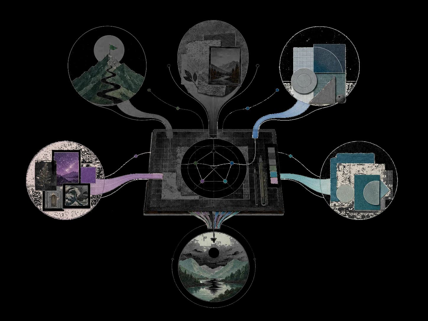 Five distinct streams of context converge on a working surface and produce one coherent result.